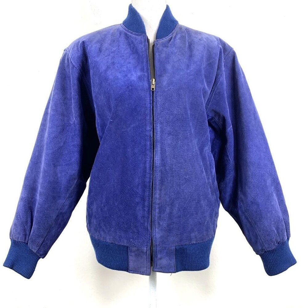 Vintage Bomber Jacket Size Medium Greg Bell Faux Suede Shoulder Pads Blue